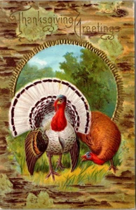 Postal Saludos de Acción de Gracias Pavos en relieve sin publicar - Imagen 1 de 2