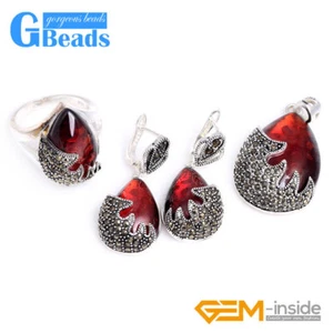 Conjunto de Joyas Gota de Vidrio Rojo Antiguo Gota Tibetano Plata Anillo Pendientes Colgante - Imagen 1 de 28