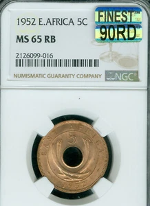 1952 EAST AFRICA 5 CENTS NGC MS65 RB MAC 90RD 2ND FINEST GRADE * - Picture 1 of 2