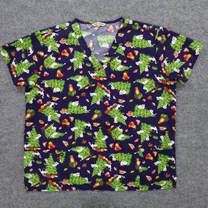 Gabby Brooke Scrub Top Womens 2X Christmas Cat Holiday Print Pocket Nurse Vet - Picture 1 of 14