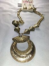 Antique Gold Tone Stainless Steel Pendant Necklace with Earrings - New