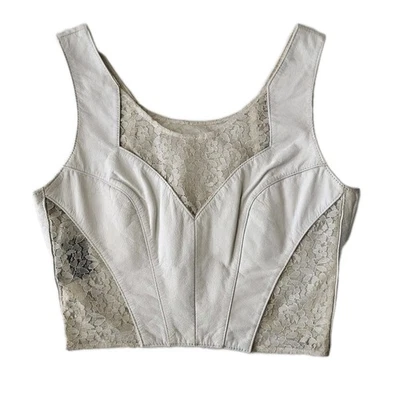 Camiseta sin mangas recortada de cuero y encaje marfil chía años 80 de colección Glam Rock Disco Chic L Foto 1 de 4