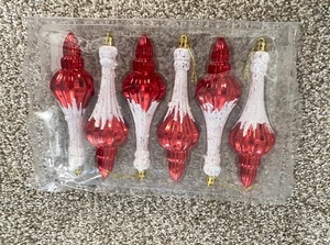 Set of 6 Red & White Finial Christmas Glitter Ornaments Elegant Holiday Decor - Picture 1 of 3