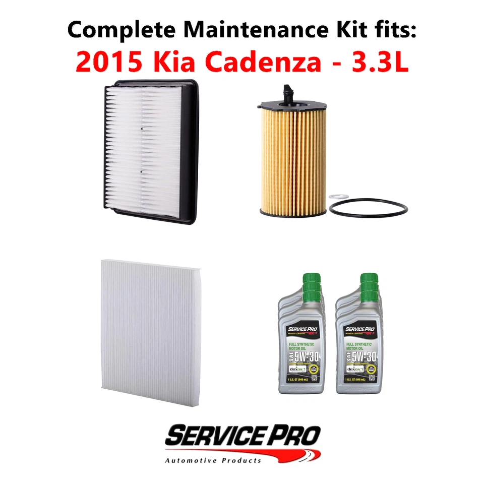 2015 Kia Cadenza 3.3L Complete Cabin, Air & Oil Filter Kit (5W-30) Foto 1 de 4