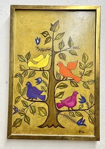 VTG FRANKTUR OIL PAINTING Folk Art Fistelfink Bird Tree MCM 60s Signed Dutch 25” - Picture 1 of 9