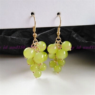 4/6mm Natural Green Peridot Gemstone Round Beads Grape Dangle Gold Hook Earrings - Image 1 of 4