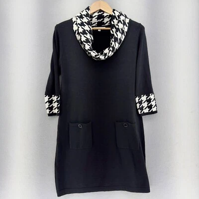 Vestido Suéter Retro Sandra Darren Capucha Cuello Pata de Gallo Bolsillos Negro Talla Grande Foto 1 de 4