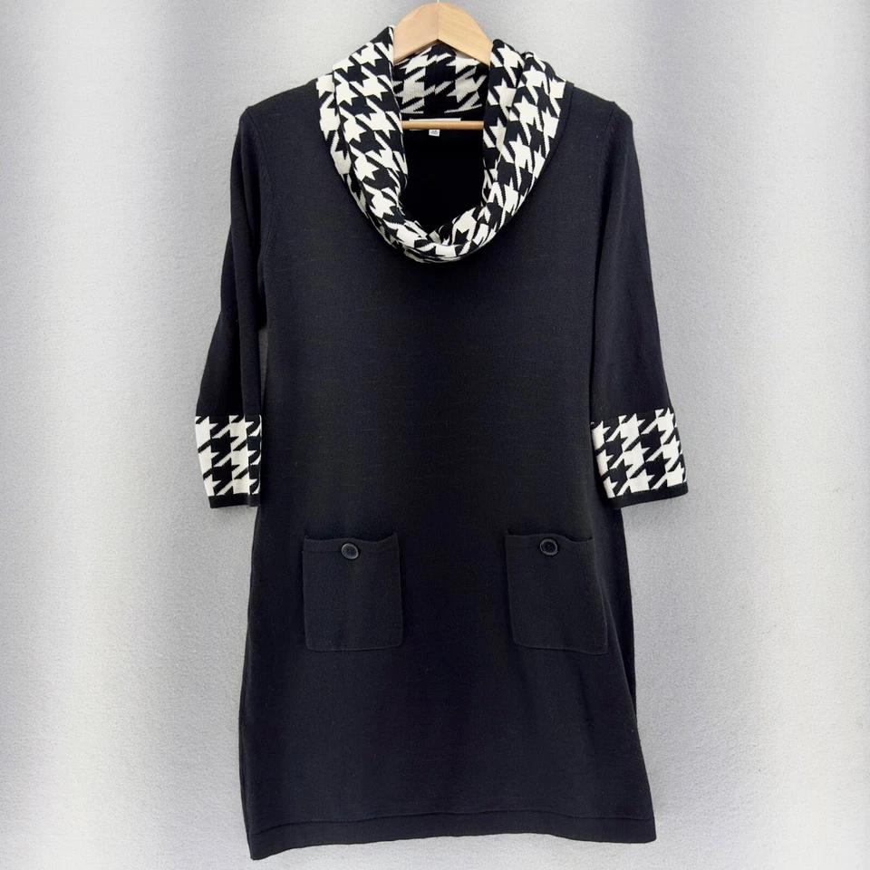 Vestido Suéter Retro Sandra Darren Capucha Cuello Pata de Gallo Bolsillos Negro Talla Grande Foto 1 de 4