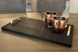 Serving Tray Rustic Handcrafted Solid Wood Black -Brushed Brass Metal Handles - Picture 1 of 3