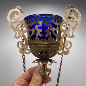 Antique Aluminum Lampada Lamp for Icon Blue Glass Christian Church Chain Hanging - Picture 1 of 8
