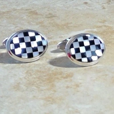 Dolan Bullock 14K Onyx  pearl racing  checkered stylish Luxury Cufflinks wcl4000 - Image 1 of 3