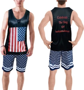 4th of July M/L Tank Top & Swim Trunk, American Flag Tank Top Men, - Picture 1 of 8