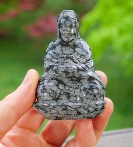 Snowflake Obsidian Crystal Gemstone Carved Guanyin Buddha Statue Figurine - 3" - Picture 1 of 10