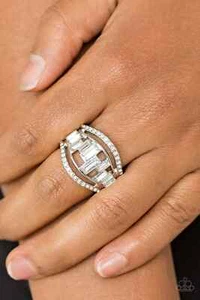 Paparazzi "Treasure Chest Charm" Rhinestone & Emerald Cut Glass Silver Ring - Picture 1 of 2