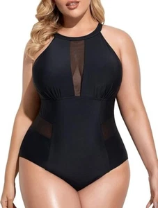 One Piece Swimsuit for Women High Neck Plunge Mesh Cut Out, Black Size L - Picture 1 of 6