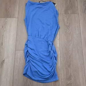 Monrow Sz Small NWT Blue Supersoft Blouson Ruched Dress Sleeveless Boat Neck - Picture 1 of 6