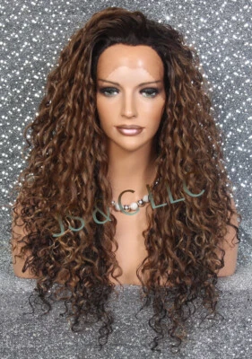 Peluca frontal de encaje mezcla cabello humano rizada larga calor OK mono parte castaño rojizo mezclado RBDY Foto 1 de 4