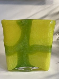 Art Glass Green and Yellow Square Vase 8"x9"x3 - Picture 1 of 5