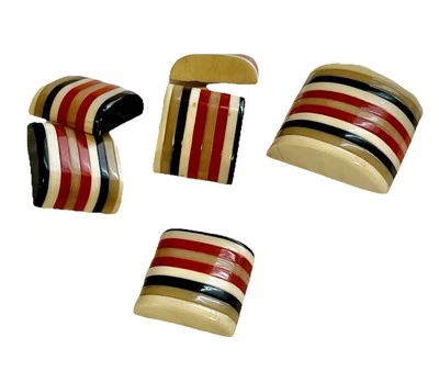 Vintage Bakelite Laminated 4 Color Button Cuff Link & Buckle Set Red Tan Wt Blk - Image 1 of 3