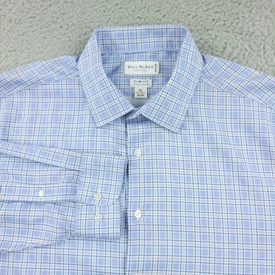 Bill Blass Shirt Mens XL Blue White Plaid Slim Fit Non Iron Long Sleeve Dress - Image 1 of 4