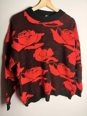 Vintage Orlon Acrylic Rose Print Grunge Jumper Intarsia Knitwear Black Red Large - Image 1 of 4