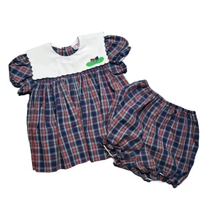 Petit Ami Smocked Embroidered Dress Bloomers Red Green Blue Plaid 24 Months Set - Picture 1 of 8