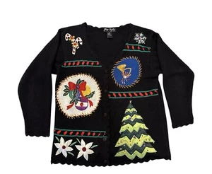 Gladys Bagley Ugly Christmas Sweater Cardigan Black Sz L Candy Cane Poinsettia - Picture 1 of 8
