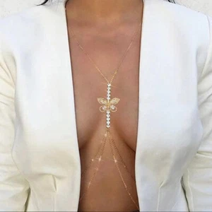 Reggiseno zirconi cristallo farfalla strass sexy catena imbracatura gioielli collana - Foto 1 di 18