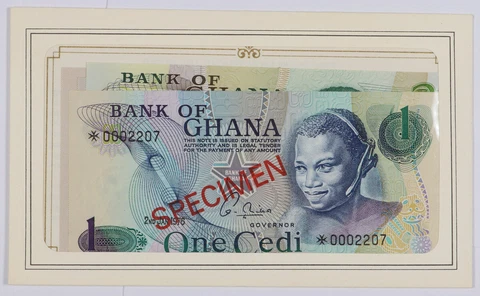 Set of 4 Bank of Ghana 1, 2, 5, 10 Cedis Specimen Notes 1976, 1977 Cover