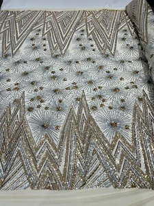 Gold/silver Geometric Star Design With Sequin On A 4 Way Stretch Mesh-By Yard - Picture 1 of 4