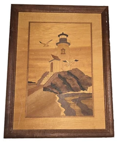 Vintage Nelson Hudson River inlay marquetry lighthouse wooden picture - Picture 1 of 6