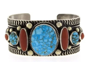 Natural Kingman Turquoise & Coral Bracelet By Navajo Artist Albert Jake - Picture 1 of 5