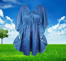 Womens Boho Summer Kaftan Dress, OVERSIZED Tunic Blue Floral Beach Caftan M-XL