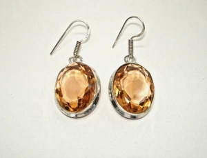 AB Clear Honey Topaz Oval-Cut Dangle Hook .925 Silver Earrings 1.5" Orange Gold - Picture 1 of 2