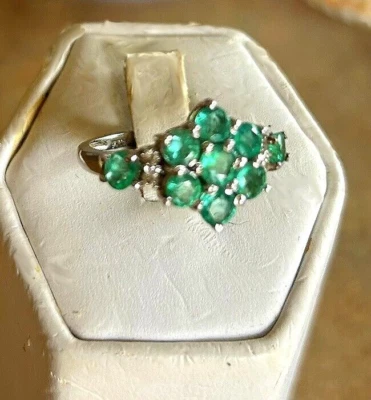 Natural Colombian Emerald, White Topaz Rhodium Overlay Sterling Silver Ring Sz 7 - Image 1 of 4