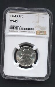 1944-S- 25c Washington Quarter- NGC- MS66. 90% Silver