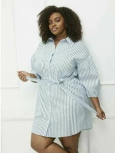 ELOQUII Elements Shirt Dress Woman's Plus Size 14W, Striped Puff Sleeves --K6-- - Picture 1 of 3