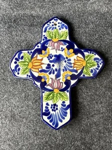 Talavera Wandkreuz aus Puebla, Mexiko handgefertigt & handbemalt 8" x 7" - Bild 1 von 17