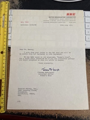 Teresa McGonagle BBC Director of Woman's Hour Signed Letter 950j - Image 1 of 2