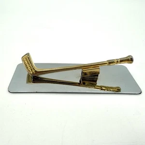 Vtg Golf Club Desk Paper Clip Clamp Brass Gold Toned 6" 70s-80s Office Organizer - Picture 1 of 11