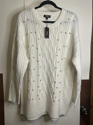 Suéter túnica tejido con cable adornado marfil talla L Express para mujer nuevo con etiquetas Foto 1 de 4