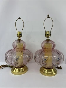 Set of 2 Hollywood Regency Carl Frankenstein Pink Purple Floral Bubble Lamps - Picture 1 of 23