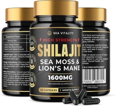 SEA VITALITY Shilajit Seamoss and Lions Mane Capsu|es - 60 Organic High-Strength Caps 1600mg