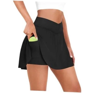 Tennis Skirt for Women with Pockets Shorts Crossover High Waisted Medium Black - Picture 1 of 7