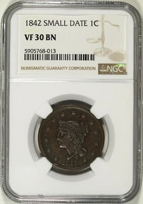 1842 Small Date NGC VF 30 BN Coronet Head Large Cent ☆☆ Great For Sets ☆☆ 013 - Image 1 of 2