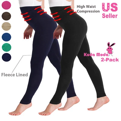 Paquete de 2 pantalones leggings sin pies forrados de vellón con control de barriga de compresión de cintura alta Foto 1 de 4