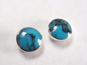 Very Small Blue Turquoise Circles 925 Sterling Silver Stud Earrings  - Picture 1 of 2