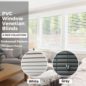 PVC BLIND Wood Effect Window Venetian Blind White Trimable Easy Fit Home Office - Picture 1 of 22