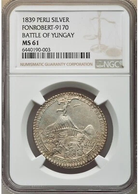 1839 CUZCO Peru medal Battle of Yungay NGC MS61 Fonrobert 9170 silver reales - Image 1 of 2