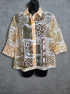 Womens Sheer Top L Mesh Gauze Blouse  White Yellow Brown Aztec Art To Wear - Picture 1 of 8